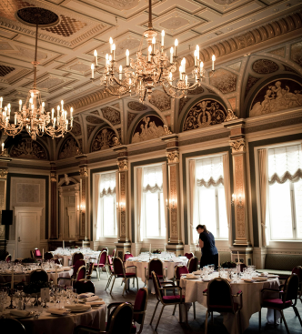 Grand dining room prepared for a large birthday celebration