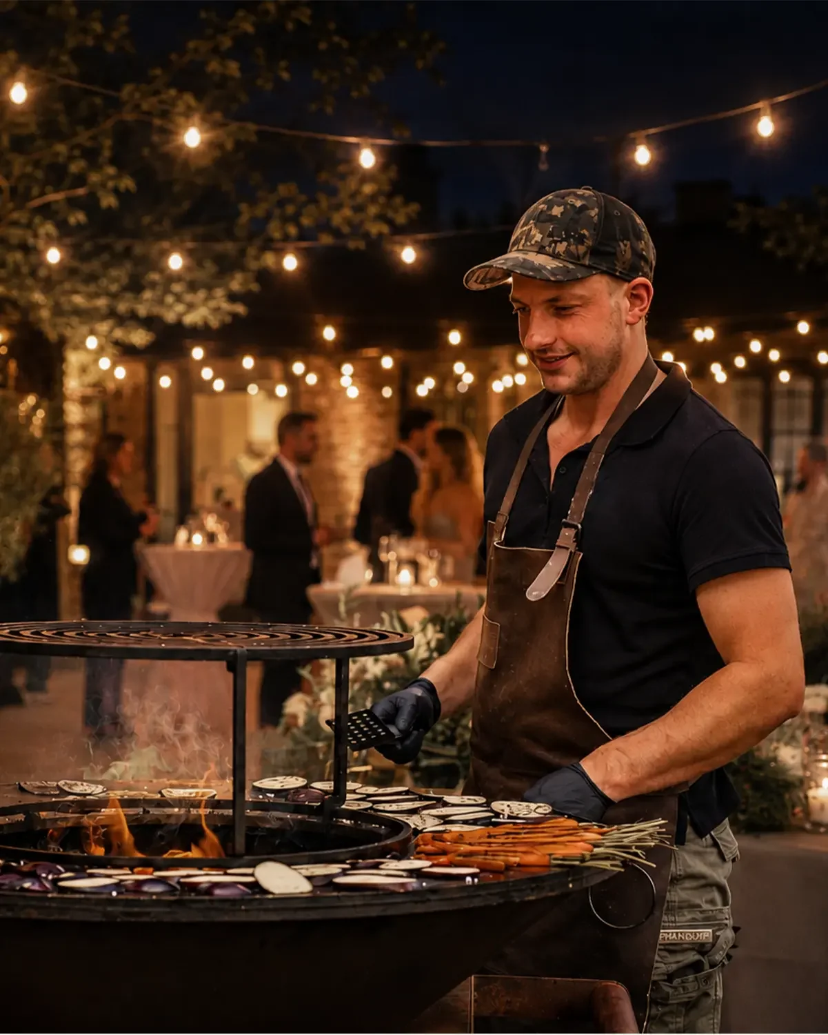 EMBER-Koch grillt bei einer abendlichen Geburtstagsfeier