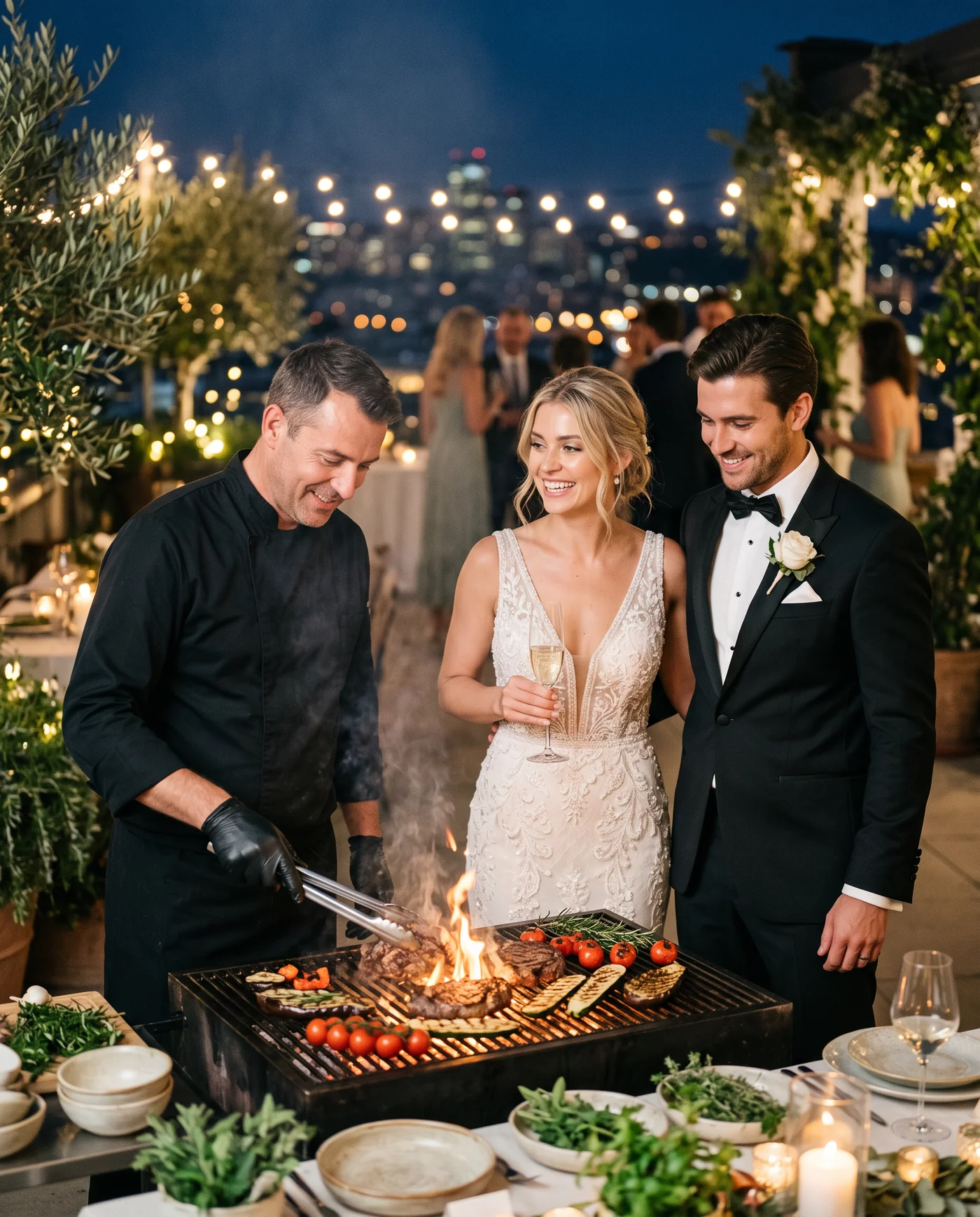 Hochzeitspaar und Koch gemeinsam an der offenen Feuerplatte