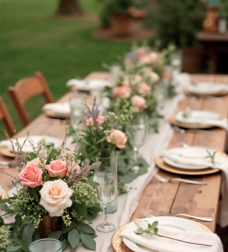 Long outdoor wedding table decorated with flowers